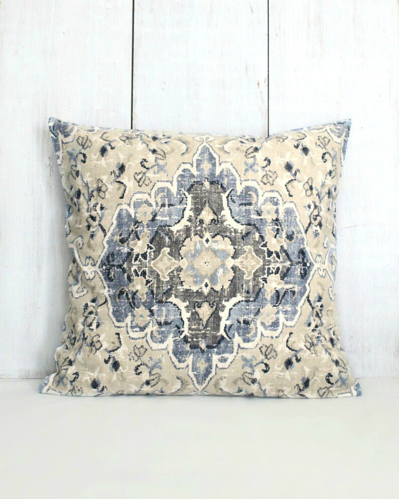 Denim Blue and Tan Medallion Throw Pillow Cover. 18×18 20×20