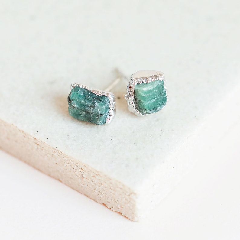 Emerald earrings  raw emerald studs  may birthstone earrings