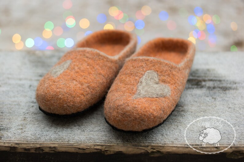 Felted wool slippers wooden clogs orange wool slipper with