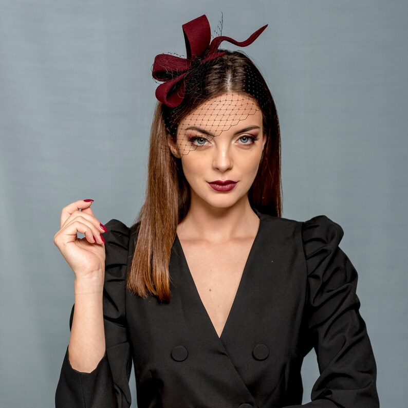 Modern burgundy wool felt fascinator with black veil party