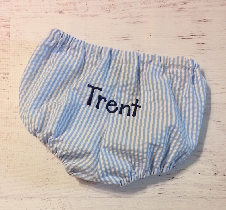 Monogrammed Seersucker Diaper Cover  Baby Boy Bloomers  Blue
