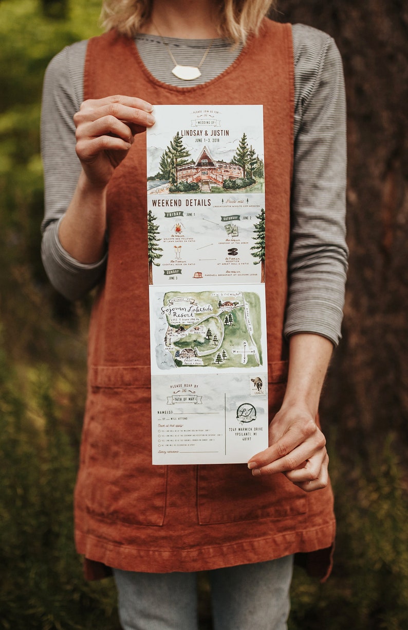 Rustic Camp Watercolor Wedding Invitation: Quad-Fold