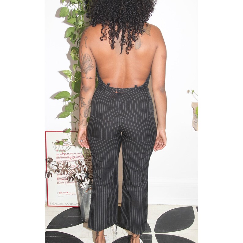 Upcycled pinstripes naked back jumpsuit