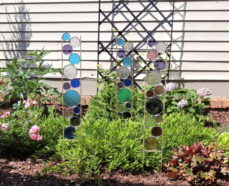 Glass garden art stake. Aqua purple and blue. Tall metal
