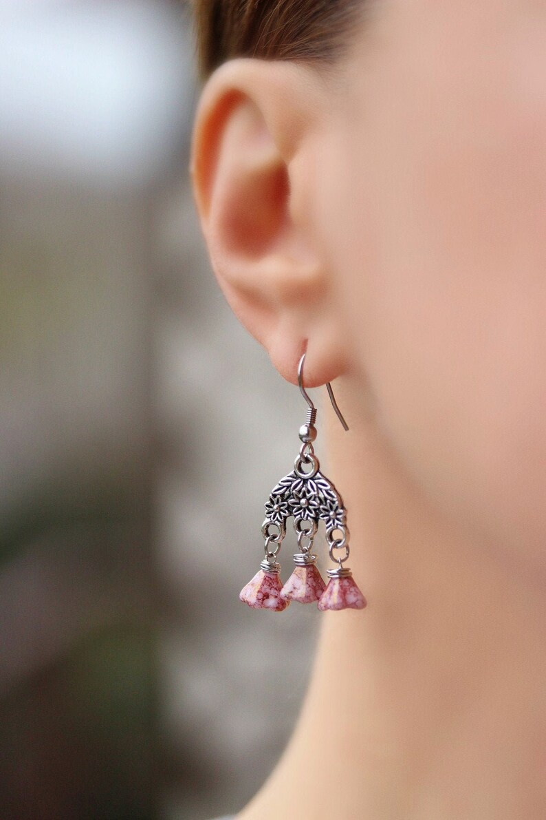 Pink Glass Flower Earrings Flower Boho Earrings Silver