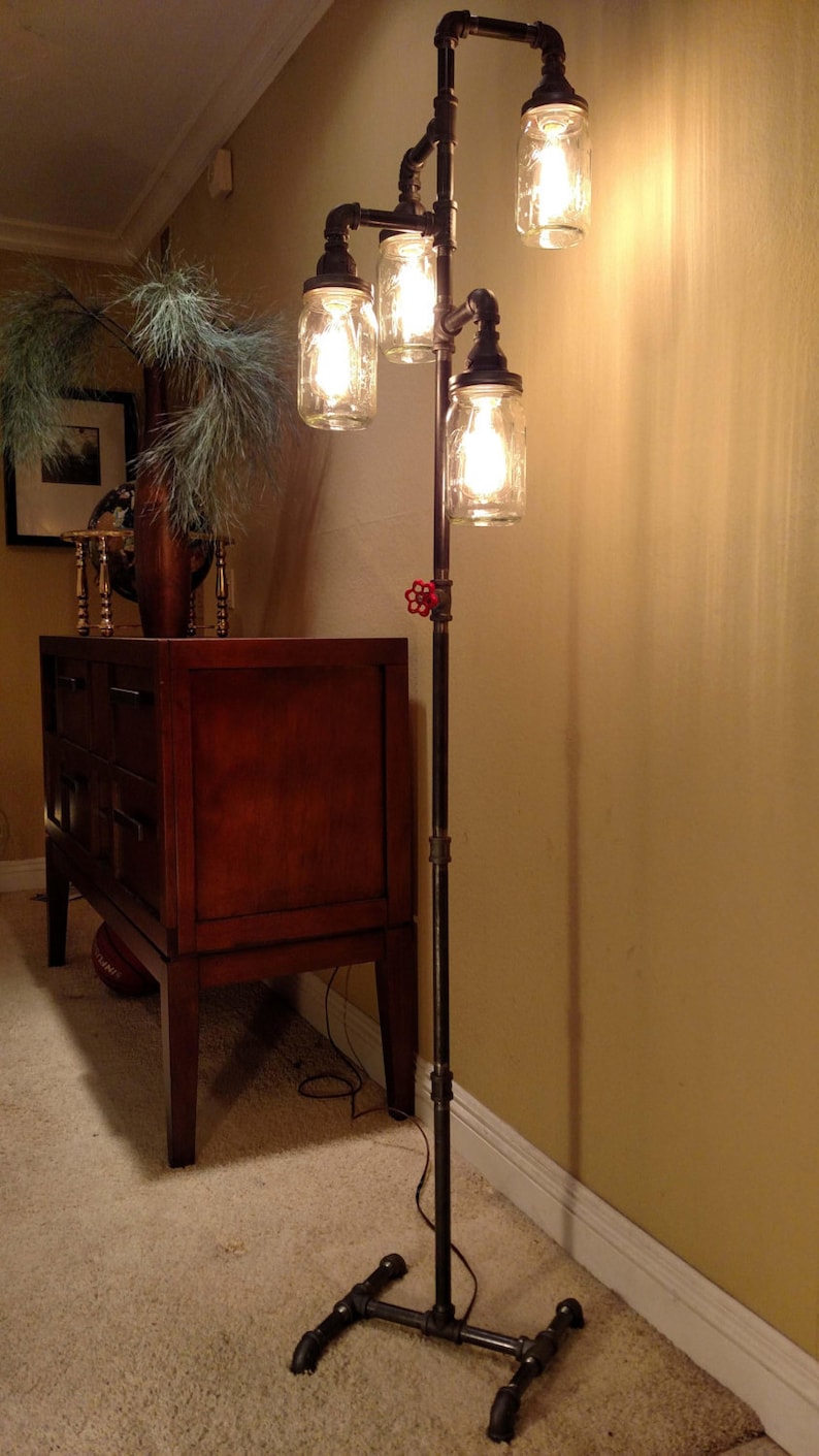 Pipe Floor Lamp 4-fixture Living Room Steampunk Mason Jar DOES